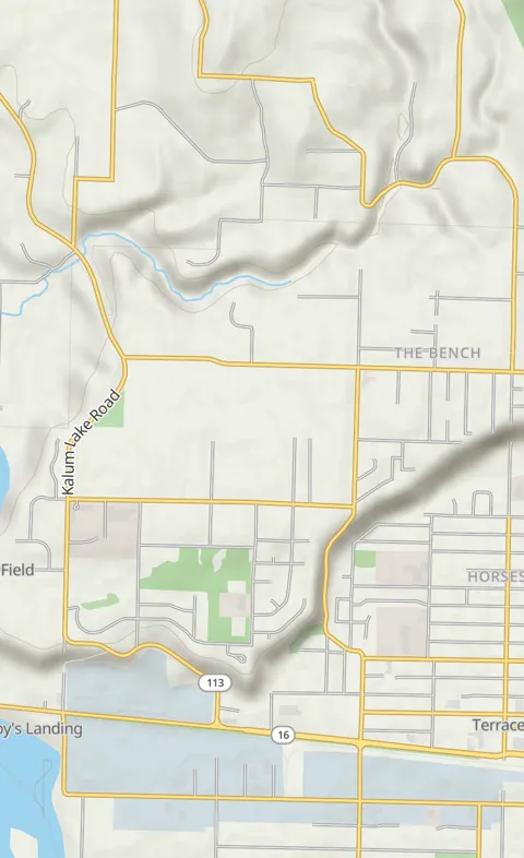 Topo map style with hill shading over Terrace, BC